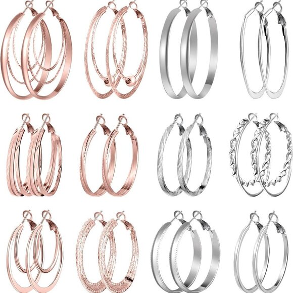 12 Pairs Hoop Earrings for Women Multipack Silver Gold Stainless Steel Lightweig - Picture 1 of 6